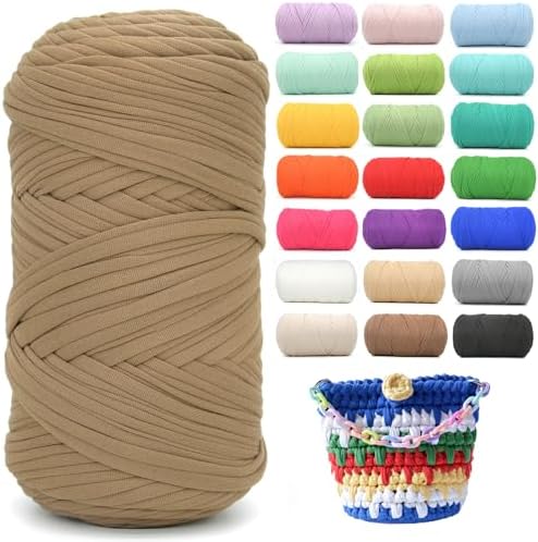 400g Tshirt Yarn for Crochet,Khaki Brown T Shirt Soft Elastic Fabric Chunky Thick T-Shirt Crochet Yarn for Crocheting Knitting Beginner Hand Knitting for Bag/DIY Craft/Home Decor-Dark Khaki