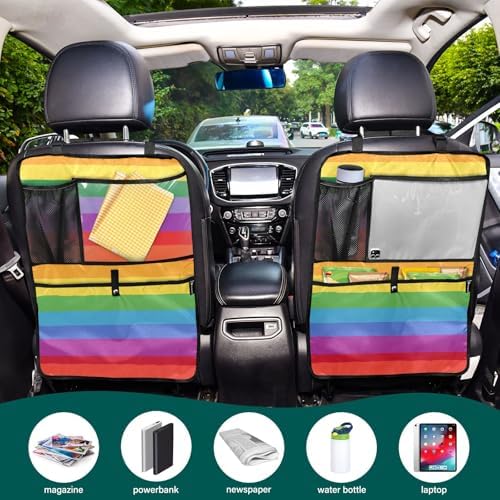 2 Pack Back Seat Car Organizer with Storage Pockets Kick Mats Back Seat Protector Hanging Car Organizer Automotive Seat Back Cover Organizers Vibrant Colorful Stripes