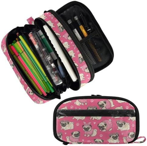 Cute Pets Pugs Pink pattern Large Capacity Pencil Case with Zipper Water Resistant Portable Organizer Pen Bag for School Students Office
