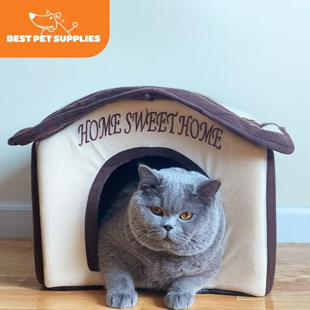 Best Pet Supplies Cat Bed for Indoor Cat, Domed Tent House with Removable Pillow, Covered Cat Cave for Small Dog, Puppies and All Breeds of Cats - Beige w/ Brown Stripes, 16 x 16 x H:14"