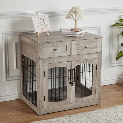 40'' Wooden Dog Crate Furniture, Farmhouse Dog Kennel Indoor Furniture Style Dogs Crate Table with 2 Drawers for Small, Medium & Large Dogs Grey