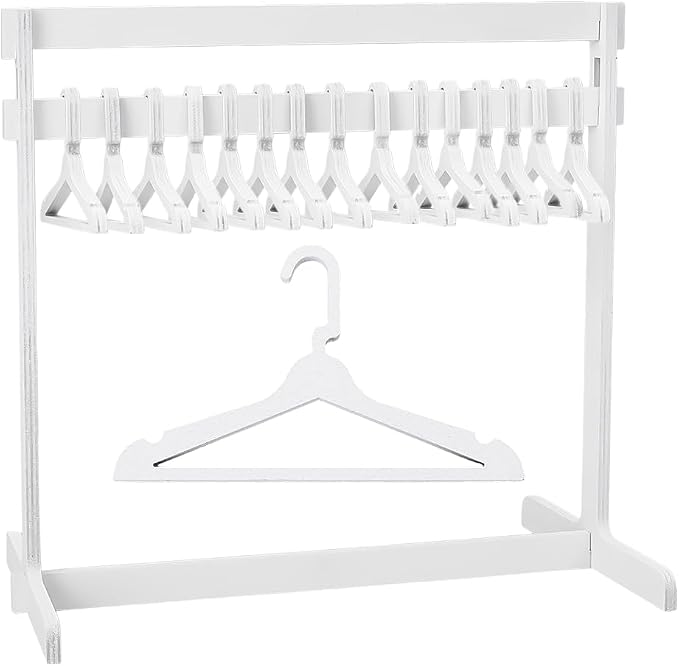 UNICRAFTALE 1 Set 11.85 Inch High Mini Doll Garment Rack with 15Pcs Wooden Clothes Hanger Small Clothing Rack White Mini Clothes Closet Dress Up Storage Furniture for Dollhouse Baby Shower Supplies