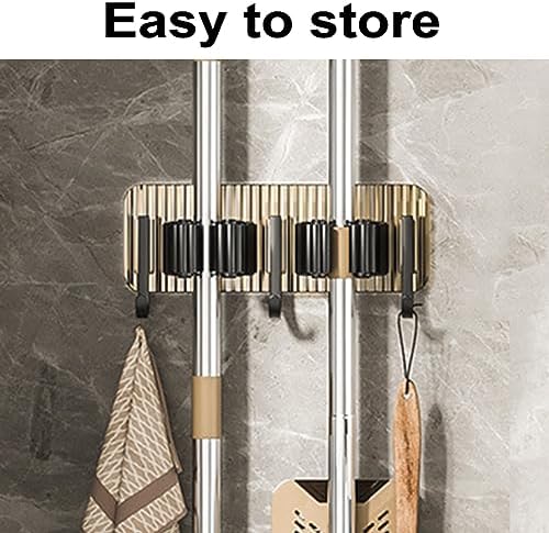 Mop Broom Holder,Wall Mount Wood Broom Mop Hanger, Racks Stainless Steel, Wall Mount Metal Organization,Heavy Duty Hooks Self Adhesive for Daily Household Cleaning Supplies Placement & Storage Grey