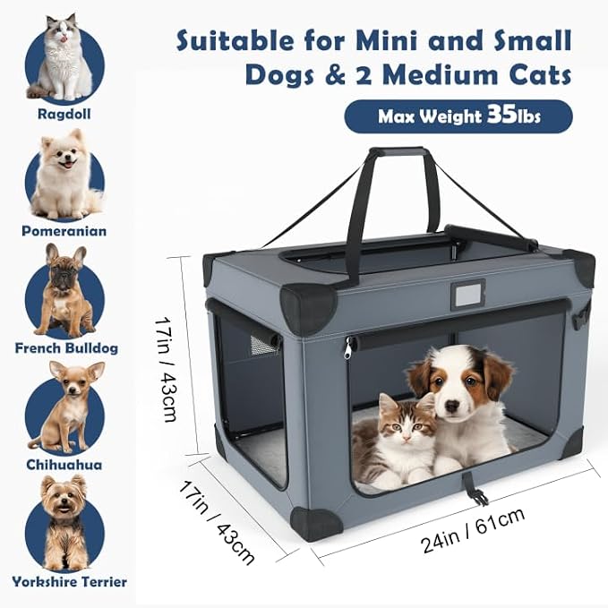 24 Inch Portable Collapsible Dog Crate for Small Dogs Travel | Sturdy Metal Frame，Indoor and Outdoor Use，Soft Blanket and Foldable Bowl,Storage Bag,Signature Card,Waterproof,Camping