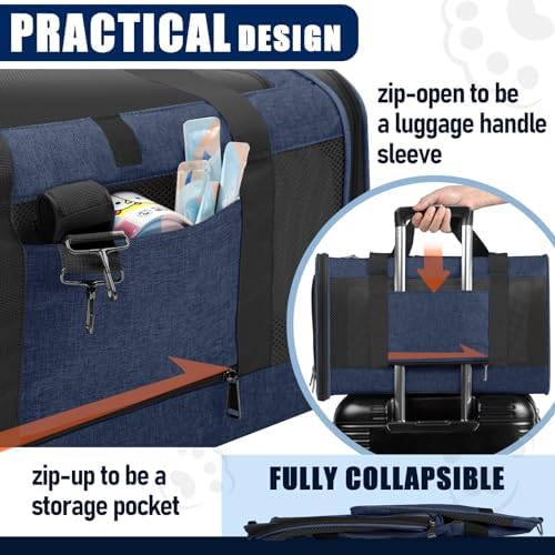 GAPZER Large Cat Carrier Soft, Collapsible Travel Pet Carry Bag, Small Dogs | Large Cats up to 20 lbs+ Maine Coon, Top Load Transport Small Puppy Dog Crate, Chihuahua Mini Dog 10lbs, Sturdy Fabric Navy