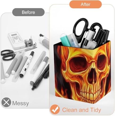 Cute Desktop Stationery Organizer Makeup Brush Cup Fire Flaming Skull Crossbones Leather Pen Holder