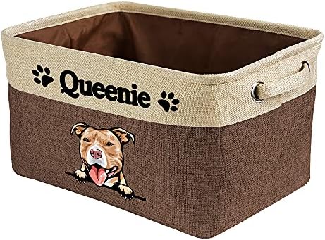 Custom Fabric Dog Toy Storage Basket with Funny Dog Pit Bull Collapsible Sturdy Fabric Pet Toys Storage Bin Cube with Handles for Organizing, Brown and White