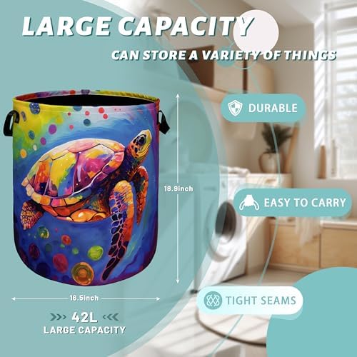 Sea Turtle Laundry Basket Foldable Oxford Cloth Hamper 18.9"x16.5"
