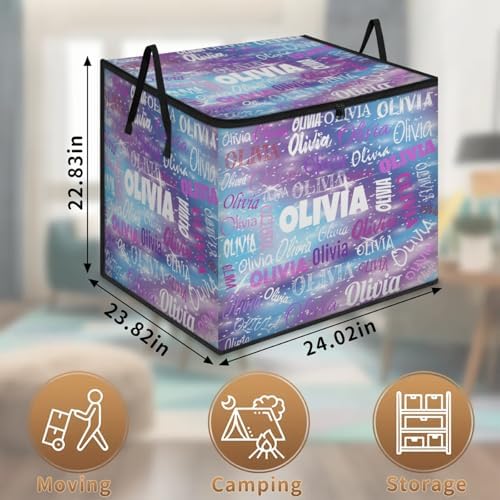 Custom Comforters Storage Basket with Lid, Personalized Name Large Organizer Bin for Pet/Children Toys, Books, Clothes, Perfect for Rooms/Playroom, Purple Blue Galaxy with Stars