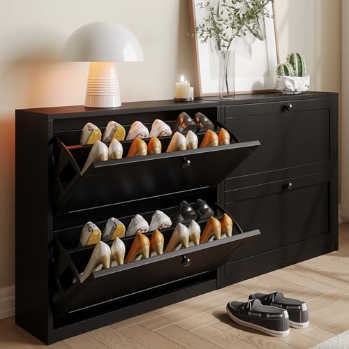 VOWNER Shoe Cabinet with 2 Flip Drawers, Freestanding Shoe Storage Cabinet with Adjustable Shelf & Anti-Tipping Device, Shoe Rack for Entryway, Hallway, Living Room (Black)