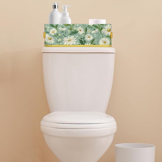 Daisy Green White Flowers Bathroom Storage Basket, Foldable with Handle Open Countertop Paper Towel Decorative Box, Toilet Tank Top Shelf Baskets for Home Closet Bedroom Living Room Office