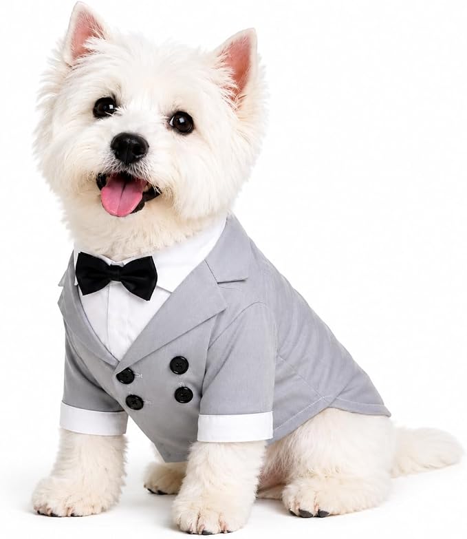 Lovelonglong Pet Costume Dog Suit Formal Tuxedo with Black Bow Tie for Small Size Dogs Miniature Schnauzer Clothing Gray L
