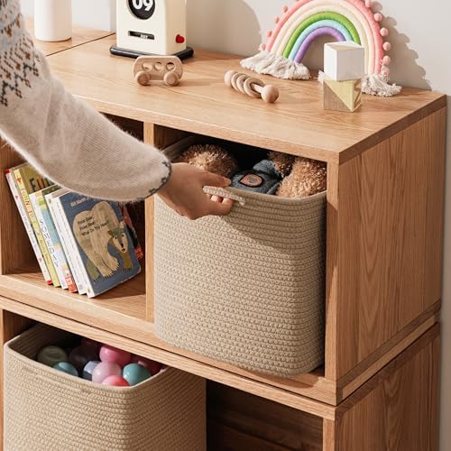 joybest 11inch Cube Storage Bins, Cotton Rope Woven Organizer Basket | Set of 4 Cube Bin Square Shelves Organizer Closet Storage, Nursery, Toy Organization, Brown