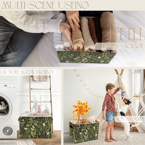 Vintage Boho Botanical Floral Storage Bins with Handles, Farmhouse Dark Cottagecore Green Leaf Collapsible Laundry Basket Storage Box for Home Bedroom Bathroom Clothes Toys Books