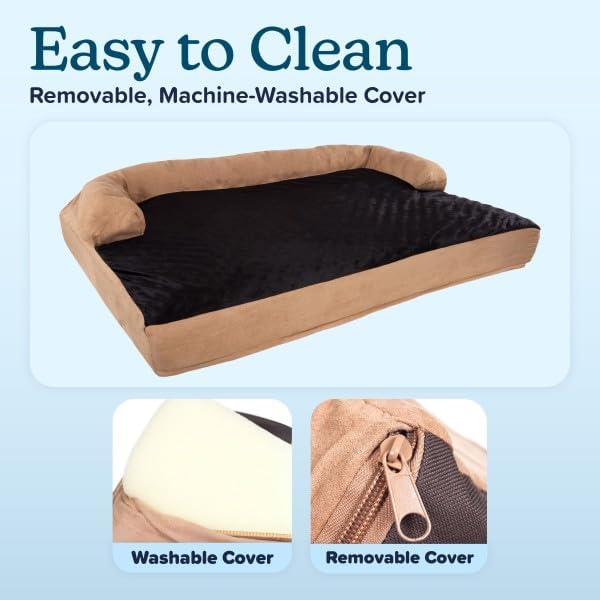 Jumbo Dog Bed – 51x35.5 Pet Bed - 3-Layer Orthopedic Dog Sofa with Cooling Gel, Memory Foam and Neck Bolster by PETMAKER (Tan/Black)