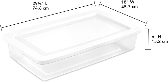Sterilite 41 Qt Underbed Storage Box, Stackable Bin with Lid, Plastic Container to Organize Bedroom, Clear Base and White Lid, (Pack of 6) | Clear Plastic Containers with Secure Snapping White Lids for Home and Office Organization