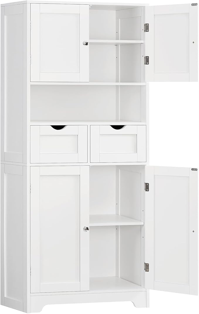 TEENFON 57.8" H Tall Bathroom Storage Cabinet with 4 Doors & 2 Adjustable Shelves, Freestanding Bathroom Cabinet with 2 Drawers, Kitchen Cabinets & Pantry, Cupboard for Kitchen, Dining Room, White