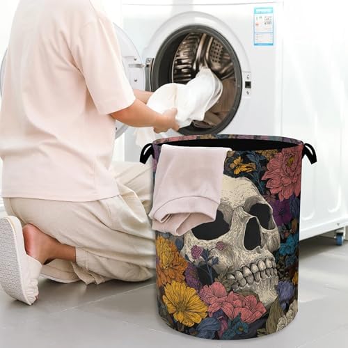 Skeleton Laundry Basket,Butterfly Flowers Oxford Cloth Laundry Hamper with Handle Foldable Portable Clothes Storage Basket for Bathroom Bedroom Dorm Room 16" x 20.8"