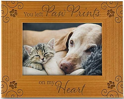 CEDAR CRATE MARKET You Left Paw Prints On My Heart, Pet Memorial Picture Frame Engraved Natural Wood Fits a 4x6 Horizontal Portrait, Frame for Condolence for Animal Lovers to Keep Memories Alive