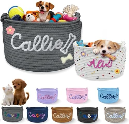 Personalized Dog Toy Basket with Embroidery Name Custom Cotton Rope Pet Storage Bin for Toys Treats Large Capacity Storage Bin with Handle Home Organizer & Pet Gift