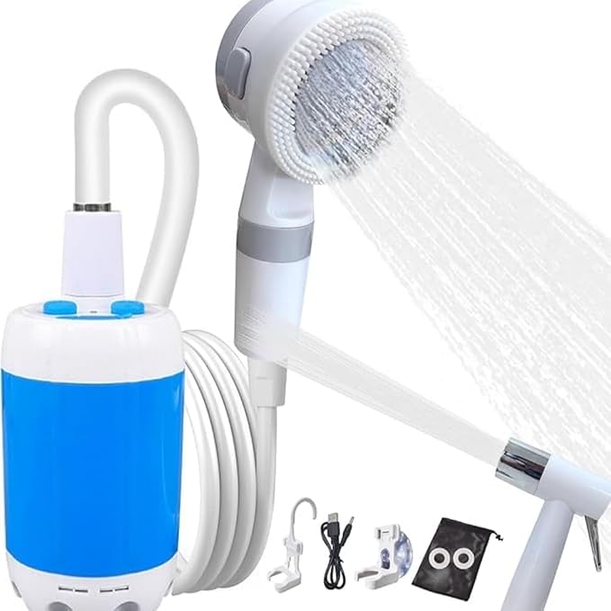Portable Camping Shower with 5000mAh Battery, USB Rechargeable Outdoor Shower Pump with Adjustable Water Flow & 4 Modes, Quiet Compact Shower Kit for Hiking, Pet, Travel, Beach