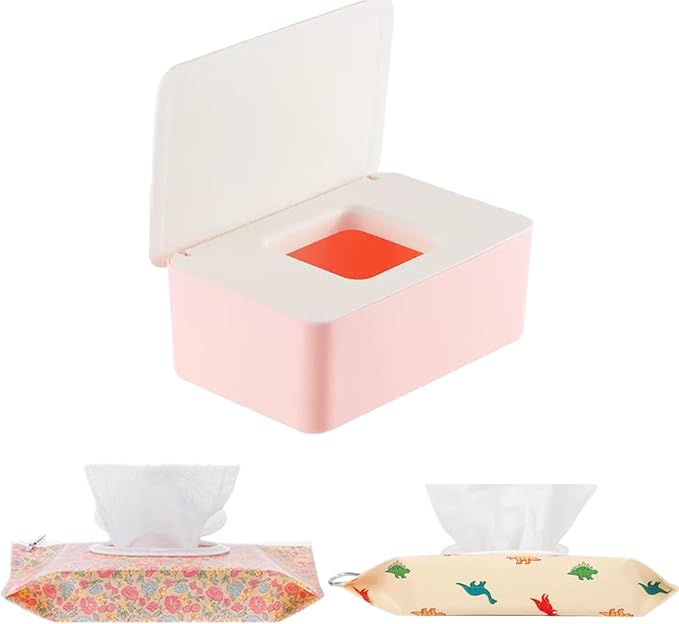 Wipes Dispenser Set,1 Wipe Box & 2 Portable Pouches | Refillable Reusable Large Wet Wipe Holder, Flushable Wipes Case Bathroom Wipes Container for Pet Nursery Kitchen Office