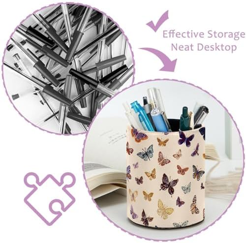 Faux Leather Pen Holder for Desk, Pencil Organizer Butterfly Pen Cup Desk Decor Makeup Brush Holder Storage for Office Home