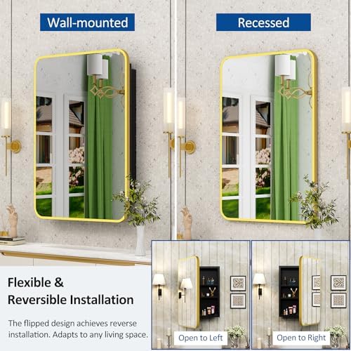 ACEMIRO 20x28 Inch Gold Recessed Medicine Cabinet with Mirror Metal Framed Surface Wall Mounted Bathroom Medicine Cabinet Mirror with Storage