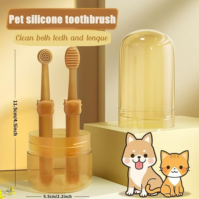 Dog & Cat Toothbrush Kit with Storage Cup, 360° Silicone Mini Head Tongue Cleaning Brush, Pet Dental Care for Doggie Kitten Ferret Dutch Pigs