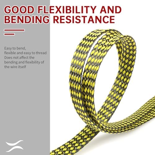 Expandable Braided Cable Sleeve, PP Yarn + PET Braided Expandable Sleeving Cable Management Protection High Density PET Wire Cover Sheath for Cables (Yellow Black, 4mm (5/32")-49ft