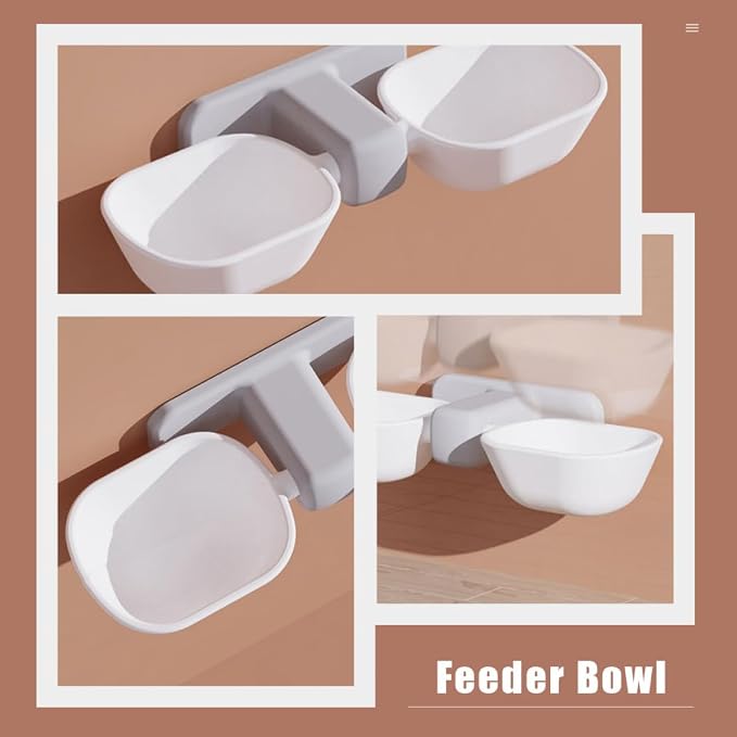 POPETPOP Wall-Mounted Pet Feeder Bowl Set, Dual Feeding Bowls for Cats and Dogs, White Plastic Food and Water Dish with Neck Protection, Space-Saving Wall Holder for Indoor Pets