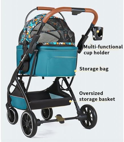 4 Wheels Pet Stroller Dog Cat Travel Stroller Lightweight Folding Crate Stroller 360° Front Wheel with Storage Basket + Cup Holder Basket Can Be Used Alone Holds Pets Up to 20 Kg / 44 Lbs ( Color : Gr
