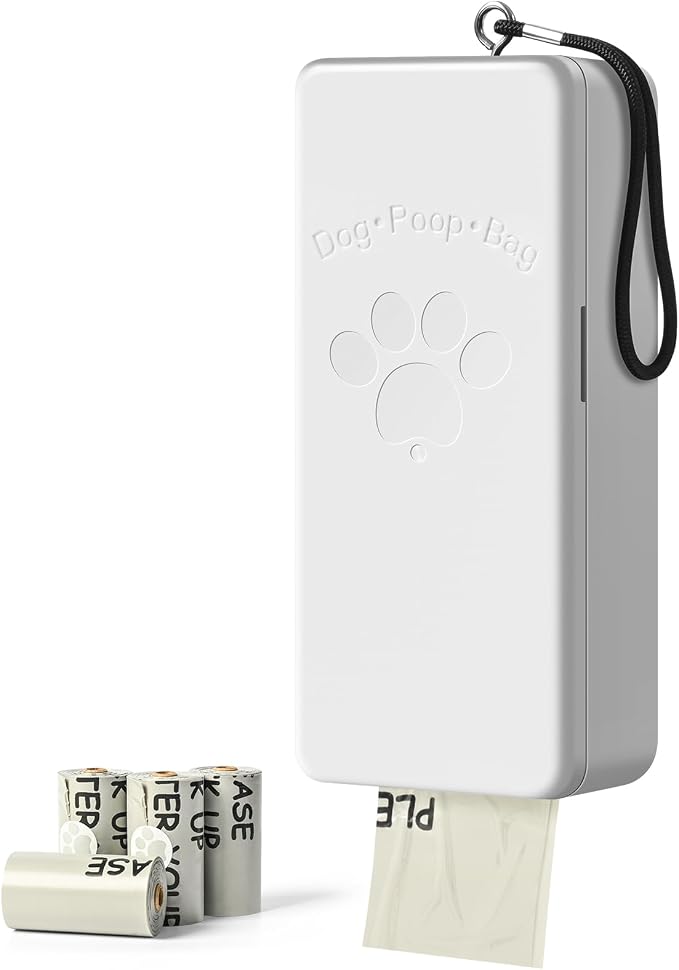 Dog Poop Bag Dispenser Wall Mount with Magnetic Lid, Quick Pull & Easy Access, White Dog Poop Bag Holder for Outdoor Yard, Includes 4 Rolls (60 Bags)