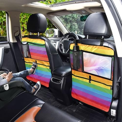 2 Pack Back Seat Car Organizer with Storage Pockets Kick Mats Back Seat Protector Hanging Car Organizer Automotive Seat Back Cover Organizers Vibrant Colorful Stripes