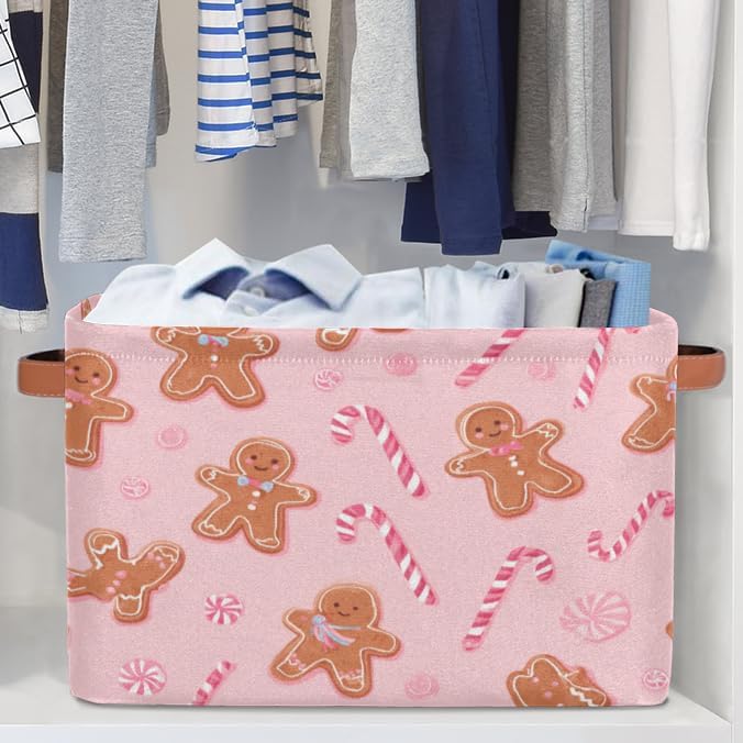 Pink Candy Gingerbread Storage Bins Christmas Nursery Baskets Waterproof Closet Organizer with Handle Collapsible Shelf Containers Storage Box for Books Cloth 15 X 11 X 9.5 IN