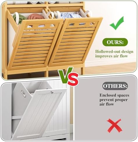 VASMIA Tilt Out Laundry Hamper Cabinet, Bamboo Double Laundry Hamper with 2 Removable Laundry Baskets, 20 Gal Laundry Sorter Organizer with Shelf for Dirty Clothes, Bathroom, Laundry Room, Natural