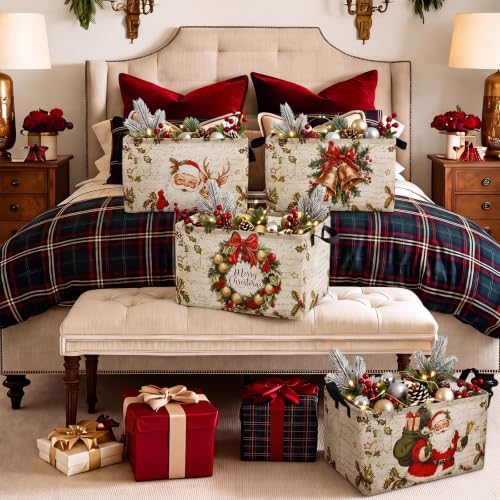 Chunful 4 Pack Christmas Storage Baskets for Gifts Collapsible Christmas Santa Claus Reindeer Retro Farmhouse Laundry Storage Bins Foldable Box with Handles for Home Bedroom Office Clothes Containers