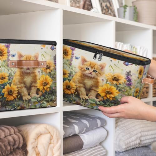Cat Floral Storage Box with Zipper Lid | Collapsible, Fabric, Storage Bin, Handle, Large, Closet Organizer, Containers, Bedroom, Home, Yellow Sunflower