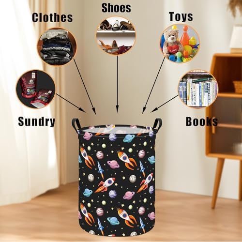 Round Laundry Basket Collapsible Storage Hamper Organizer Planet Rocket | Waterproof Canvas Foldable Baskets with sturdy Handles Multi-scene Organizer for Home Play Bedroom Gift Bin
