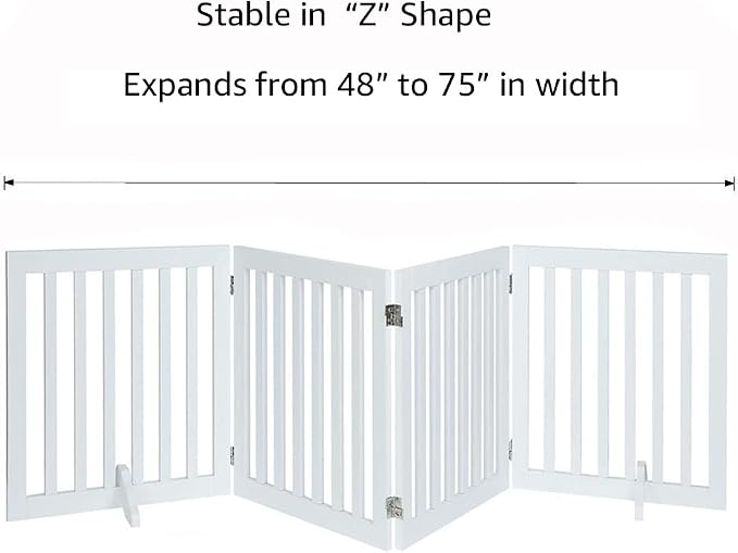 unipaws 24”H Free Standing Pet Gate for Dog Cat, 80”Wide Wooden Dog Gates | Foldable Pet Fence for Doorway, Stairs, Step, Expandable Doggy Barrier, Indoor Use, White