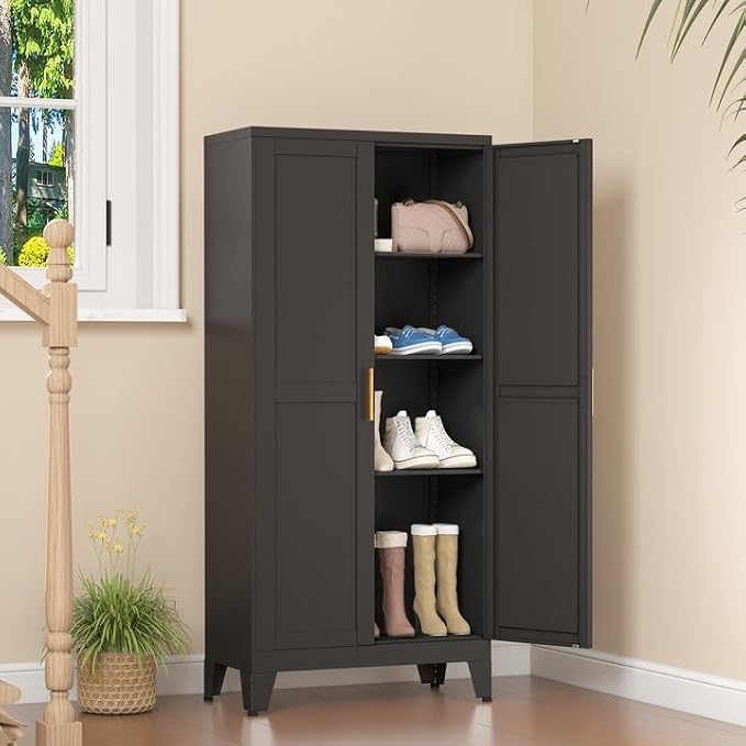 Black Kitchen Pantry Cabinets, 48" Metal Storage Cabinet for Office | Steel Kitchen Pantry Storage with Doors and 3 Adjustable Shelves, for Office, Home, Garage, School