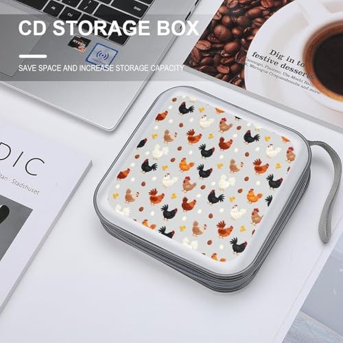 Protective 40-Disc CD/DVD Wallet Chicken Printed, Hard Plastic Storage Binder with Handle, Portable Organizer for Car Office Travel