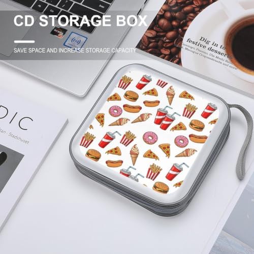 CD DVD Case Holder Hamburgers Pizza Disc Wallet Storage Case 40 Capacity | DVD Organizer, Hamburgers French Fries Pizza Fast Food, Hand Strap Zipper Closure, Home Car Office Accessories