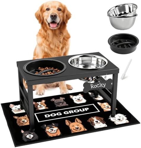 ADENGL 10" Elevated Dog Bowls – Metal Raised Dog Bowl Stand with 2 x 1700ml Stainless Steel Bowls, 1 Slow Feeder & Non-Slip Mat for Dogs