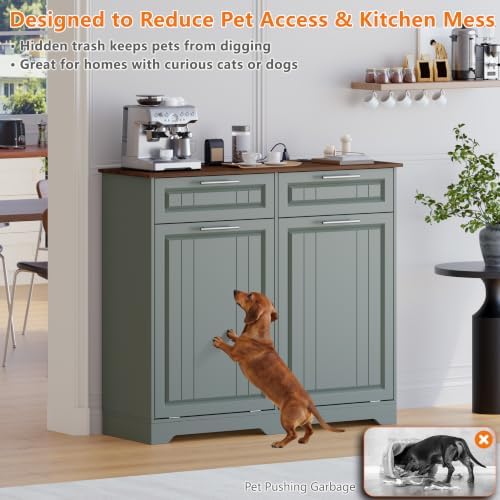 Double 10 Gallon Tilt Out Trash Can Cabinet with Deodorizing Function and Power Outlet, Wooden Hidden Garbage Can Holder with 2 Storage Drawers for Kitchen, Laundry Hamper Cabinet for Bathroom, Green