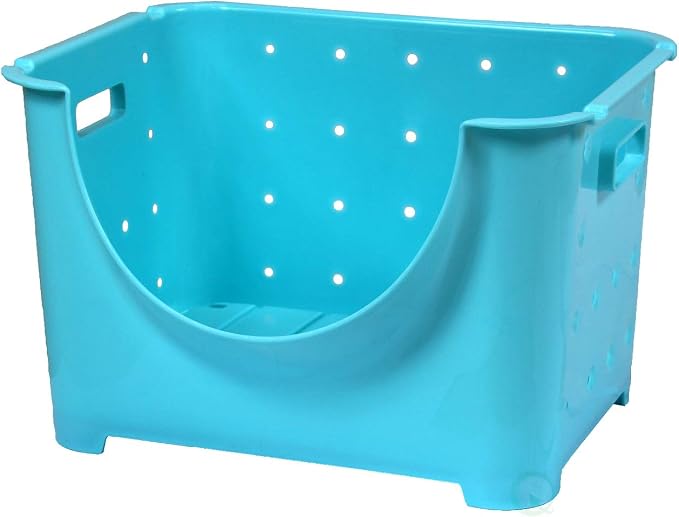 Basicwise Stackable Plastic Storage Container Open Front Side Handles and Ventilation Holes Durable Multi-Purpose Organizer Bin for Kitchen Pantry Closet Laundry Bathroom and Office Supplies, Blue