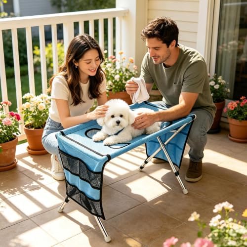Dog Grooming Hammock with Stand Foldable Stainless Steel Frame | Pet Wash Hammock for Small Medium Pets, Puppies, Cats, Home, Salon, Nail Trimming, Ear Cleaning polyester + metal