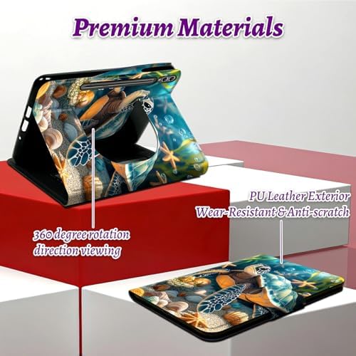 Rotating Handle Case for Samsung Tab S10 Ultra 2024/Galaxy S9 Ultra 2023 14.6", 360 Degree Swivel Kickstand with Magnetic Closure Shockproof Leather Protective Cover, Sea Turtle Seaweed