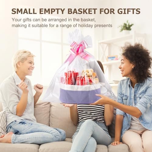 Small Woven Basket, 12" x 8" x 5" Gift Basket Empty with Ribbon and Gift Bag, Rope Basket for Baby Shower, Holiday Presents,Storage Basket with Handle for Nursery,Pet Toy Basket (White-Purple)
