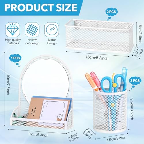Weysat Set of 5 Magnetic Locker Accessories Mirror with 2 Magnetic Pen Holder and 2 Wire Mesh Storage Basket for Students Back to School Locker Organizer for School Office(White)